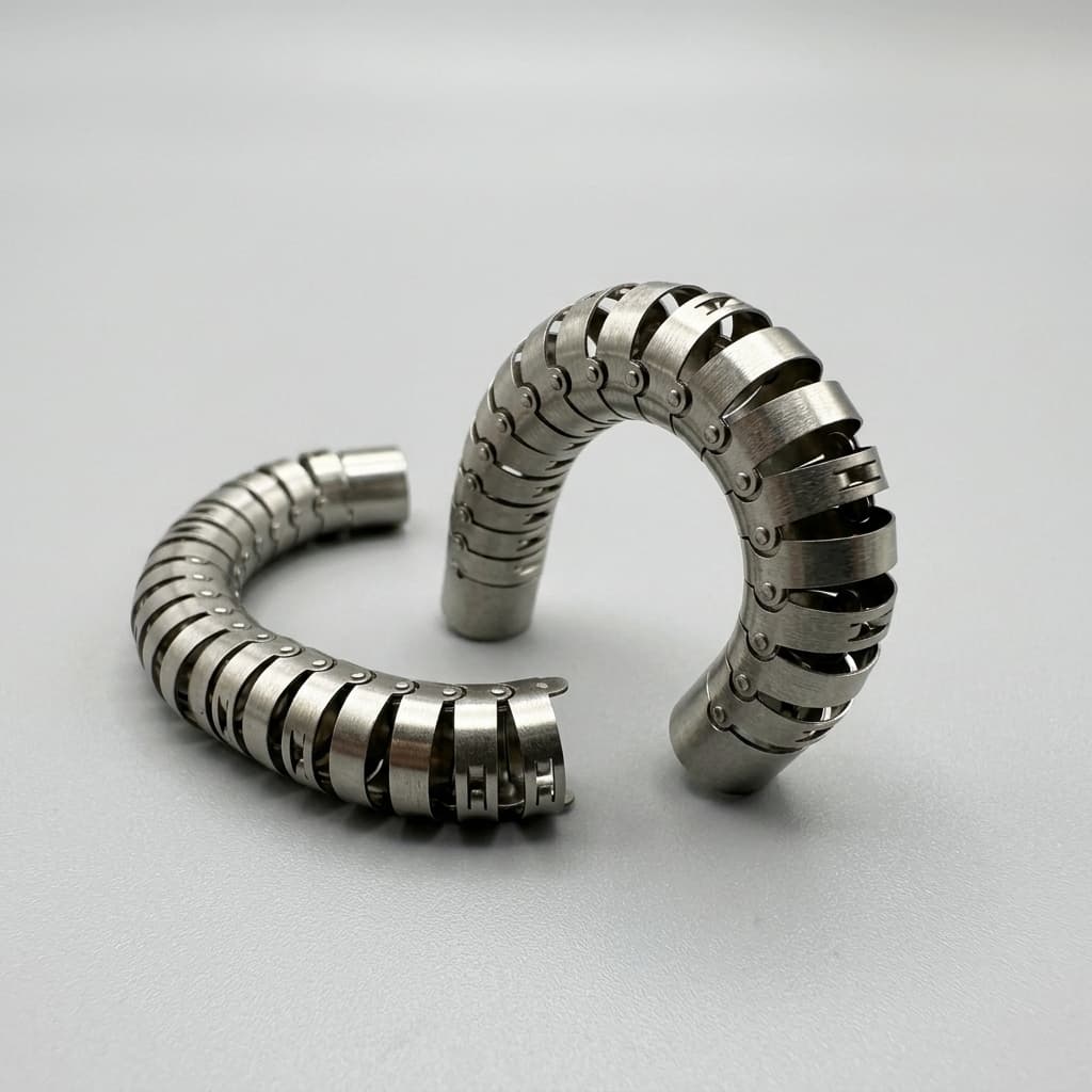 Catalog image of curved endoscope snake bone bending sections with repeated articulated segments