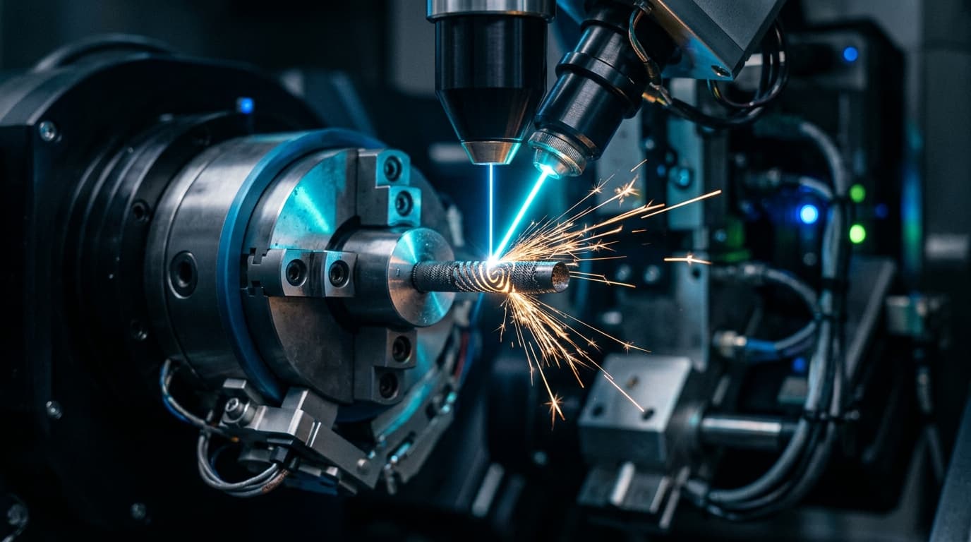 5-axis laser cutting machine processing a microscopic nitinol hypotube